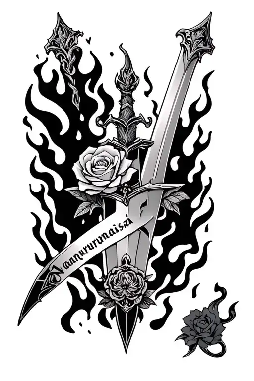 sword with a small rose and the word "nankurunaisa" in it all black and white with some dark flames around tattoo design idea