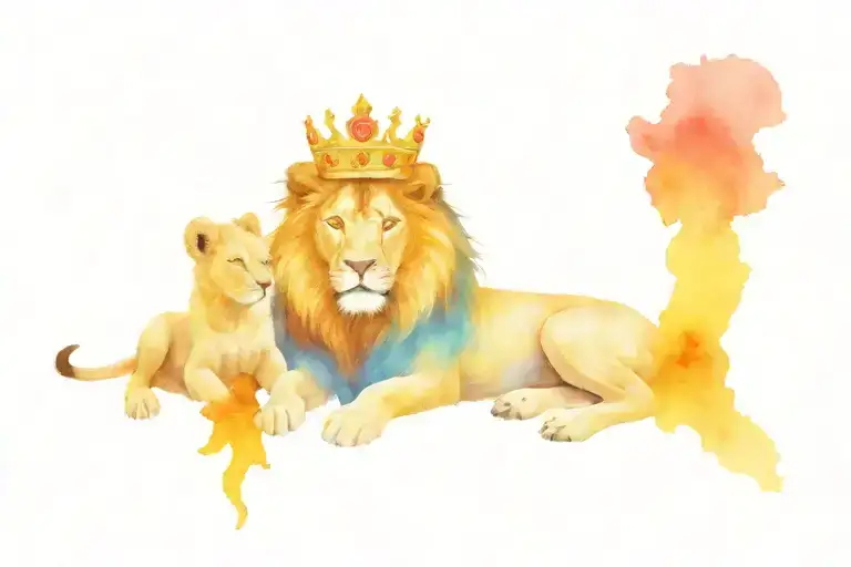 lion wearing a crown adorned withcubs tattoo design idea