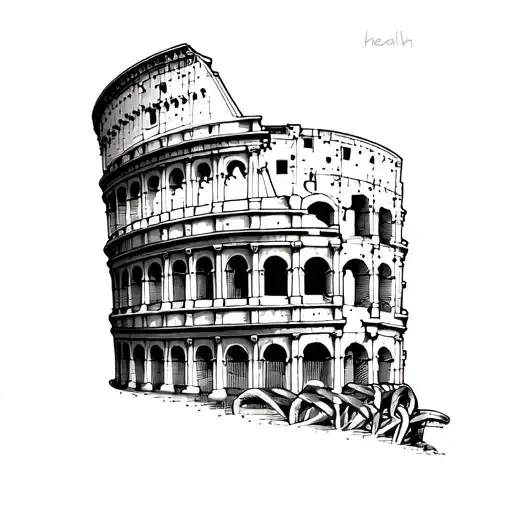 A stylized DNA strand intertwined with the Colosseum, symbolizing the importance of health and history in personal growth tattoo design idea