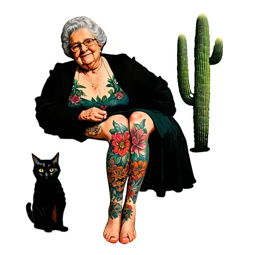 A grandmother sitting on a flesh, a black cat on the knees and a cactus at her old school or tradition feet tattoo design idea