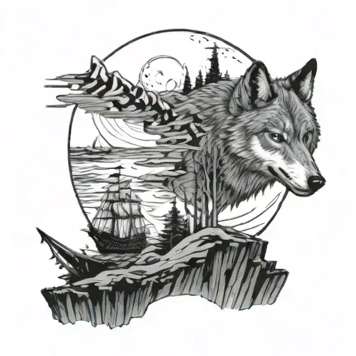 wolves on a cliff at the edge of the sea with a pirate ship under the aurora borealis tattoo design idea