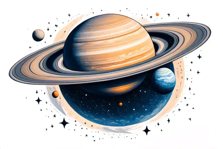 Saturn in space with Uranus surrounded by stars tattoo design idea