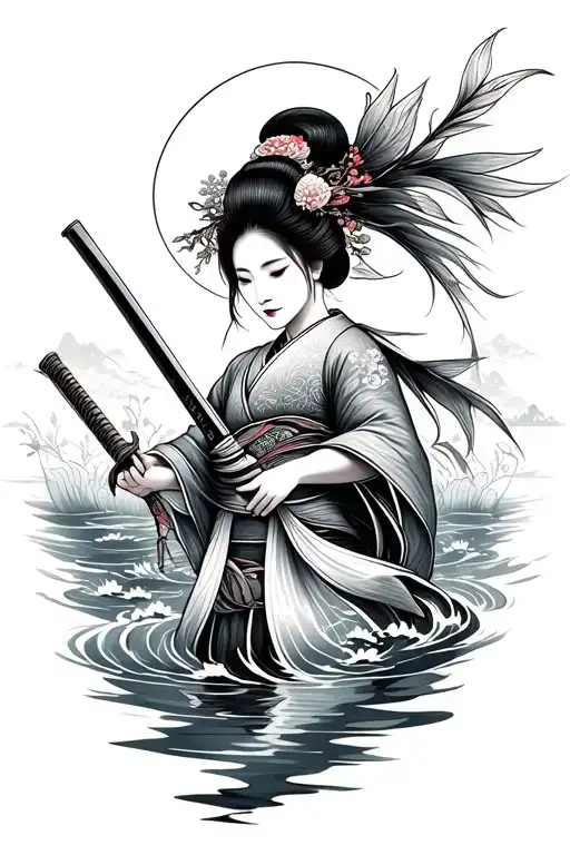 geisha holding a katana koi fish swimming upstream tattoo design idea