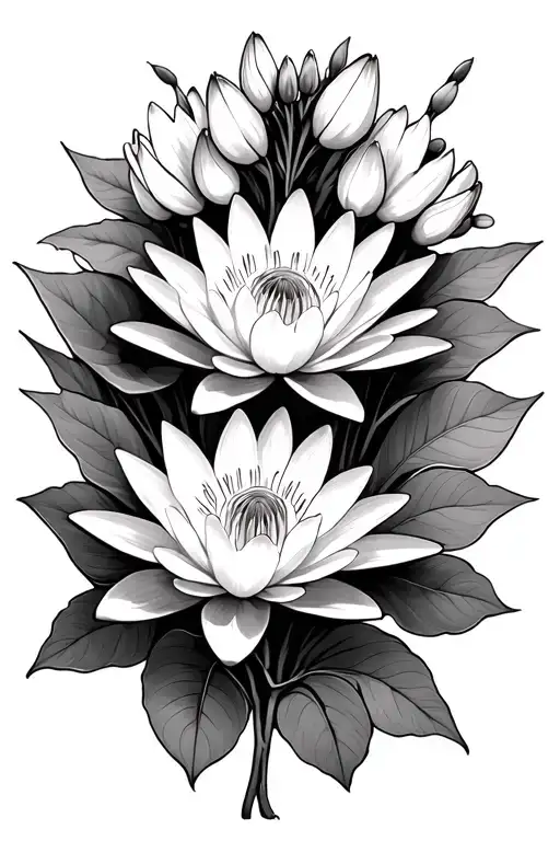 waterlily and larkspur flowers with a lot of background shading  tattoo design idea
