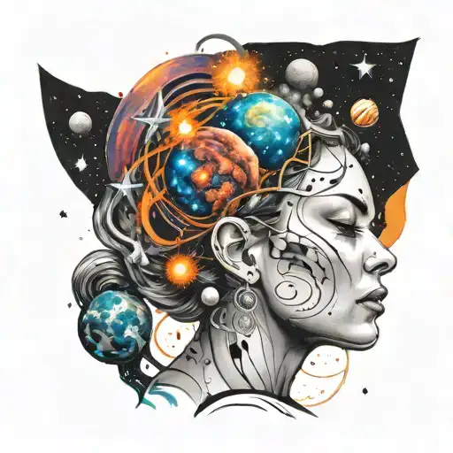 the face of a woman and part of her head is exploding into planets and stars tattoo design idea