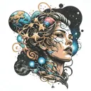the face of a woman and part of her head is exploding into planets and stars tattoo design idea