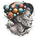 the face of a woman and part of her head is exploding into planets and stars tattoo design idea