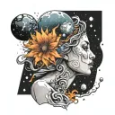 the face of a woman and part of her head is exploding into planets and stars tattoo design idea