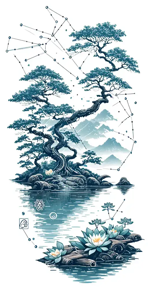 random constellation over layered Japanese landscape of trees,water,bamboo,scattered lotuses,and wood mechanical gears. tattoo design idea