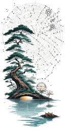 random constellation over layered Japanese landscape of trees,water,bamboo,scattered lotuses,and wood mechanical gears. tattoo design idea