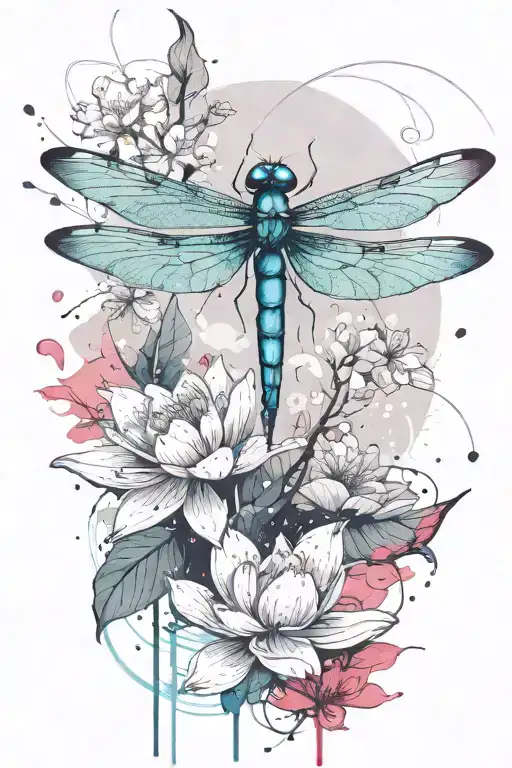 Dragonfly resting on a lotus flower with cherry blossom petals falling around them tattoo design idea