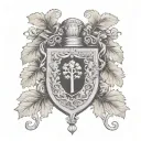 coat of arms with grape vines mante, holy trinity tattoo design idea