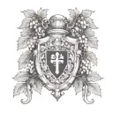 coat of arms with grape vines mante, holy trinity tattoo design idea