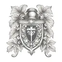 coat of arms with grape vines mante, holy trinity tattoo design idea