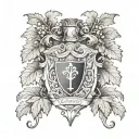coat of arms with grape vines mante, holy trinity tattoo design idea