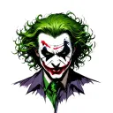 Distorted, chaotic Joker design with sharp features, wild green hair, vivid red lips, thin sketchy lines, neo-traditiona tattoo design idea
