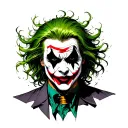Distorted, chaotic Joker design with sharp features, wild green hair, vivid red lips, thin sketchy lines, neo-traditiona tattoo design idea
