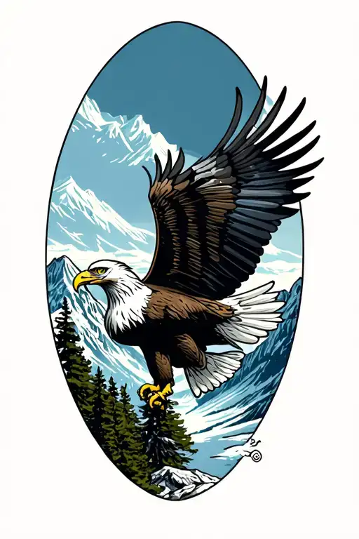 bald eagle soaring over a mountain range tattoo design idea