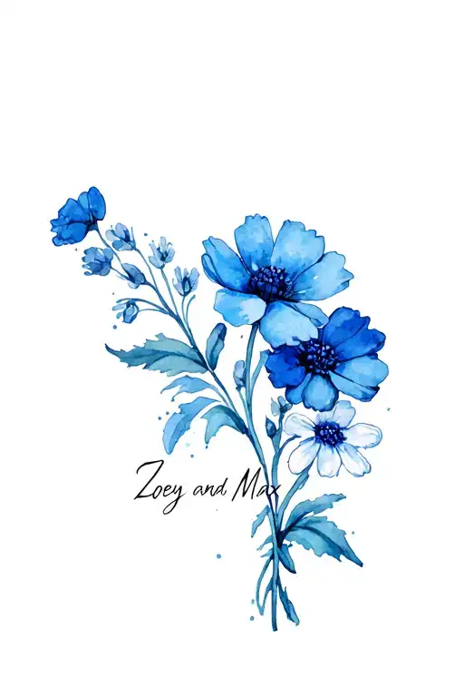 Wild flowers in diamond with flower over flowing edge. use blues. put the names Zoey and Max in cursive in flower stems  tattoo design idea