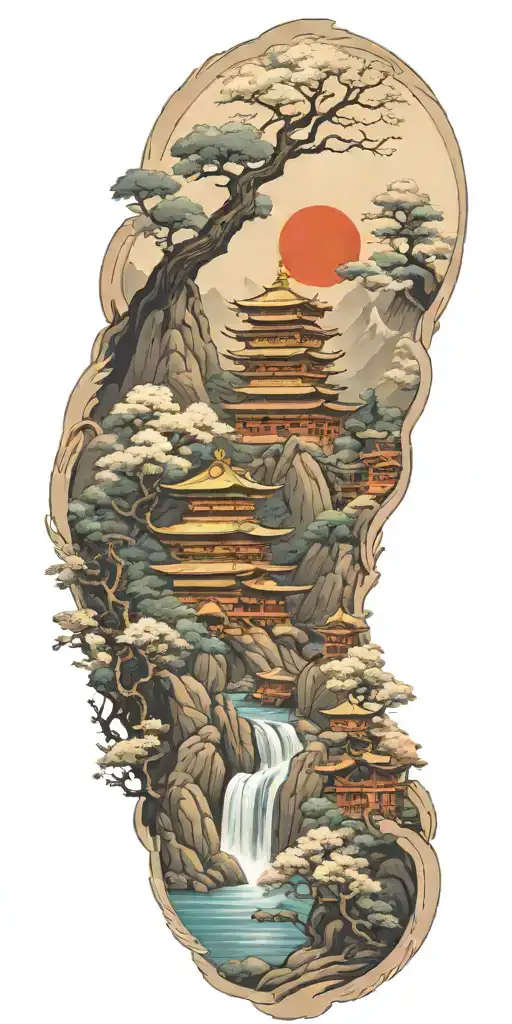 spiritual buddhist inspired tattoo featuring a traditional scenary and nature tattoo design idea