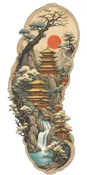 spiritual buddhist inspired tattoo featuring a traditional scenary and nature tattoo design idea