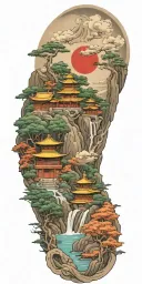 spiritual buddhist inspired tattoo featuring a traditional scenary and nature tattoo design idea