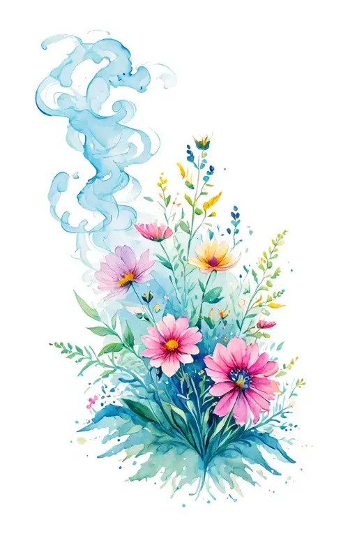 realism style tattoo, wild flowers, mountain, swirling smoke border tattoo design idea