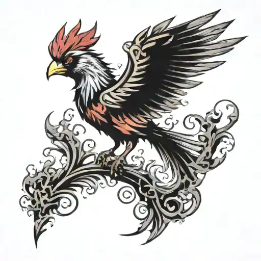 A phoenix with the head and pointed beak of a red cardinal, rising up from solid black ashes tattoo design idea