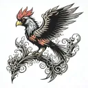 A phoenix with the head and pointed beak of a red cardinal, rising up from solid black ashes tattoo design idea