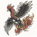 A phoenix with the head and pointed beak of a red cardinal, rising up from solid black ashes tattoo design idea