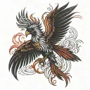 A phoenix with the head and pointed beak of a red cardinal, rising up from solid black ashes tattoo design idea
