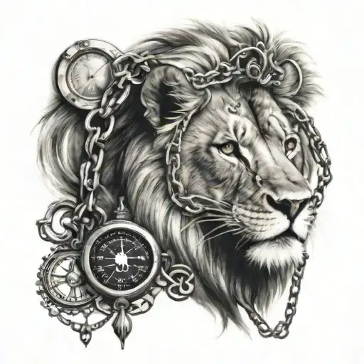lion, watch, compass, music and chains  tattoo design idea