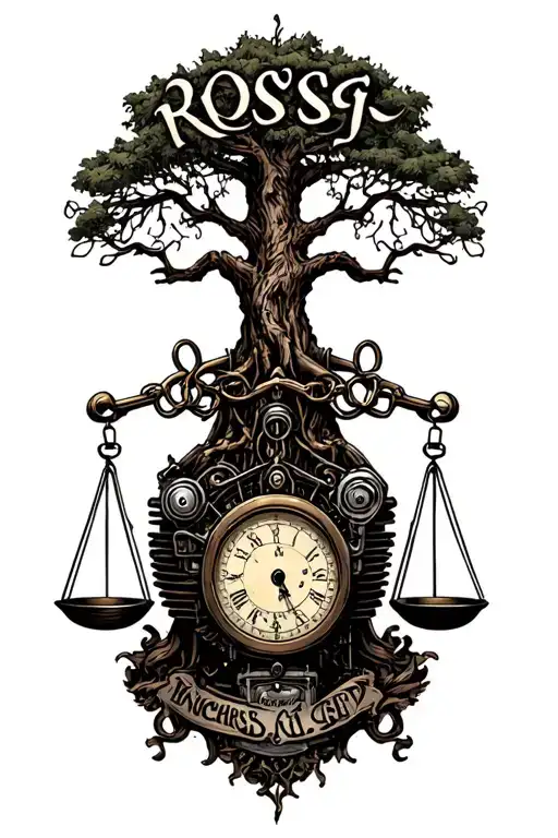 "Rossi " "Rossi " "Rossi " harley knuckleheads engine, tree of life, libra scales, time intertwined tattoo design idea