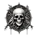 death engraving inscribed in gothic cathedral stained glass window tattoo design idea