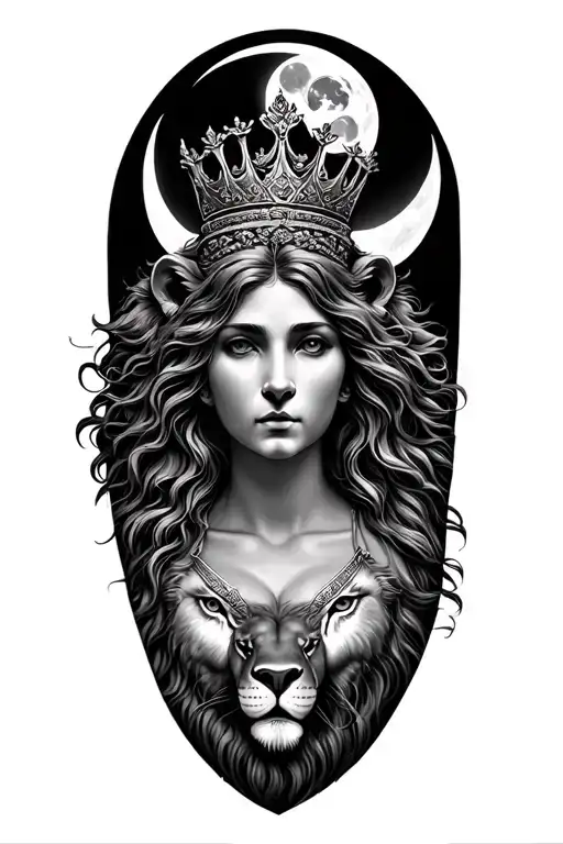 black & grey Leto greek goddess of motherhood wearing crown with lion and moon tattoo design idea