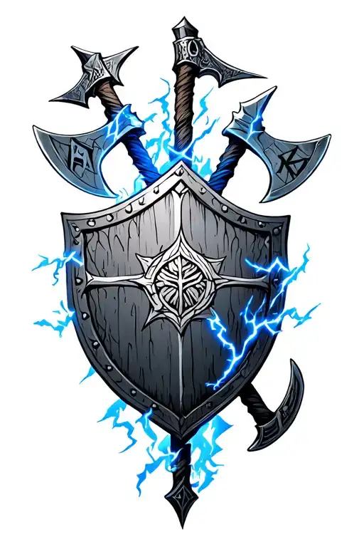 blackout norse shield with axes and runes, with blue lightning tattoo design idea