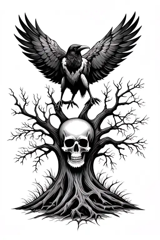 crow, skulls, trees, native american tattoo design idea