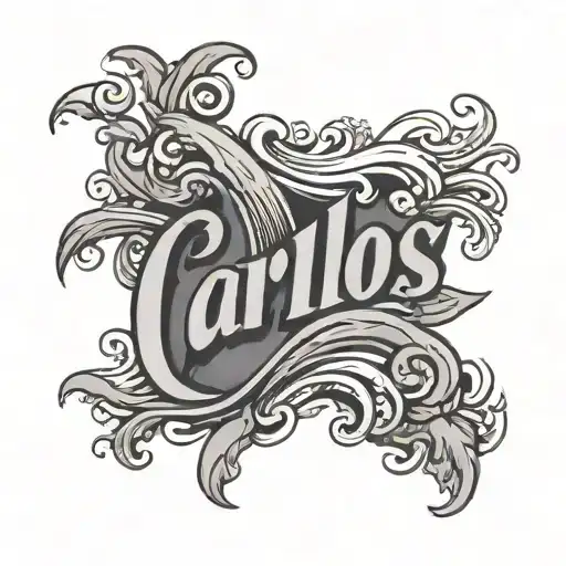the word "Carlos" in bold latin font with wave crashing tattoo design idea
