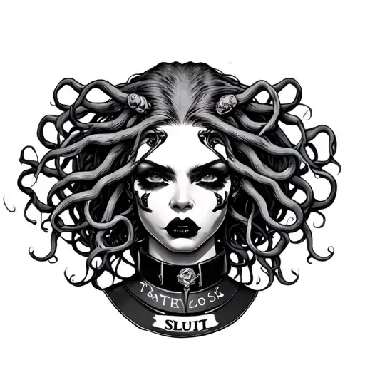 Medusa with mouth taped shut and wearing a collar that says slut tattoo design idea