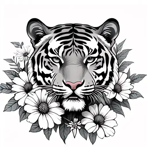 tiger surrounded by aster and morning glory flowers with a libra symbol hidden tattoo design idea