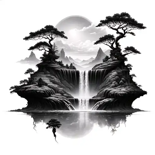 A surreal landscape of floating islands and cascading waterfalls tattoo design idea