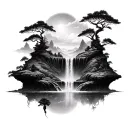 A surreal landscape of floating islands and cascading waterfalls tattoo design idea