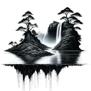 A surreal landscape of floating islands and cascading waterfalls tattoo design idea