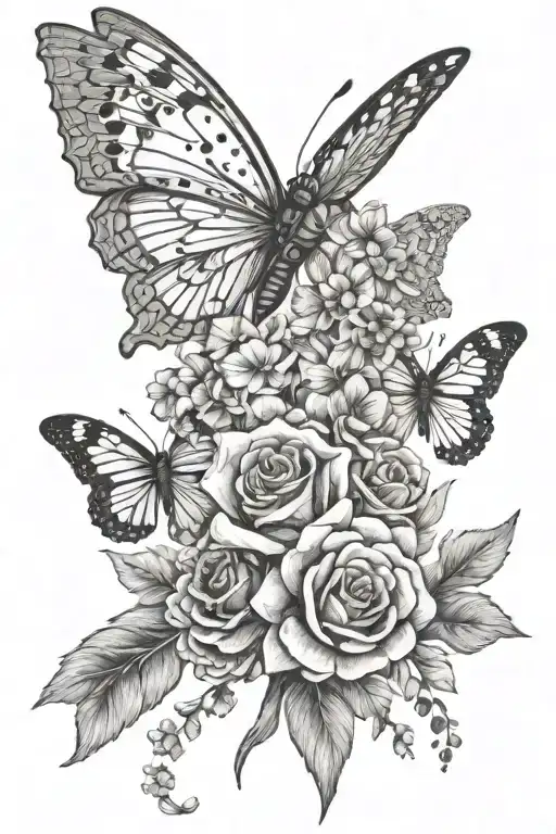 delicate flowers, dagger, skeleton hand in I love you sign language, butterfly tattoo design idea