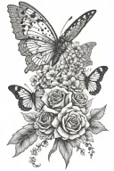 delicate flowers, dagger, skeleton hand in I love you sign language, butterfly tattoo design idea