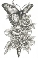 delicate flowers, dagger, skeleton hand in I love you sign language, butterfly tattoo design idea