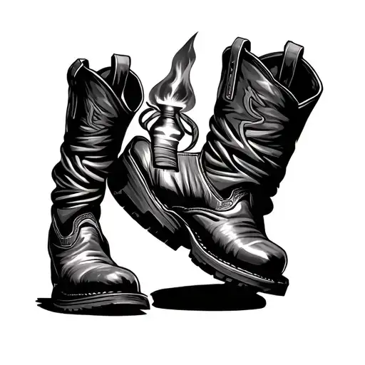 Cowboy boots, coiled welding torch resting on the side of one of the boots tattoo design idea