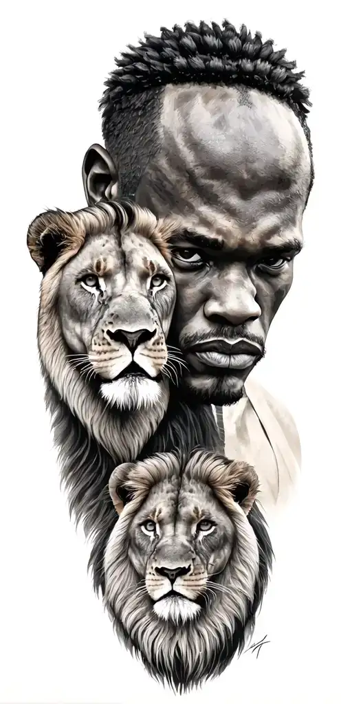 African man and lions tattoo design idea