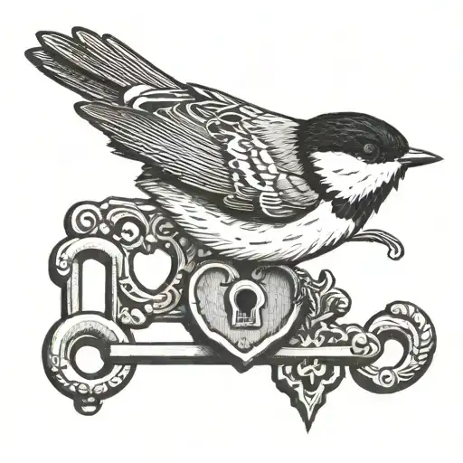 black capped chickadee perched on a heart shaped lock and key tattoo design idea