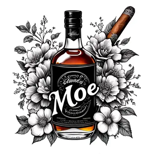 "Moe" An intricate design of a cigar and bourbon bottle intertwined with elegant floral patterns, symbolizing relaxation and indulgence tattoo design idea